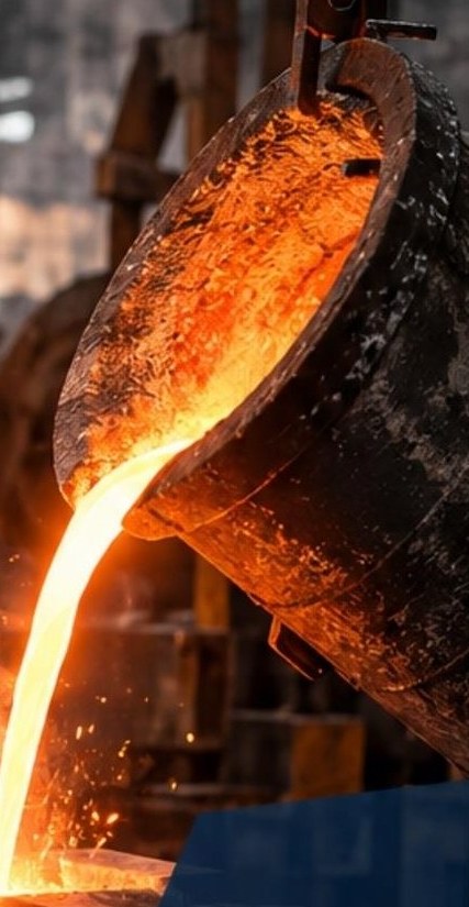 Molten iron being poured into a green-sand mould in a foundry